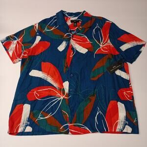 Men's Shaquille O'neal XLG Linen Blend Blue Hawaiian Floral Shirt Size 2XL NWT